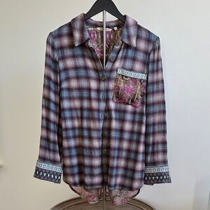 Soft surroundings plaid floral embroidered velvet mix knit blouse XS EUC